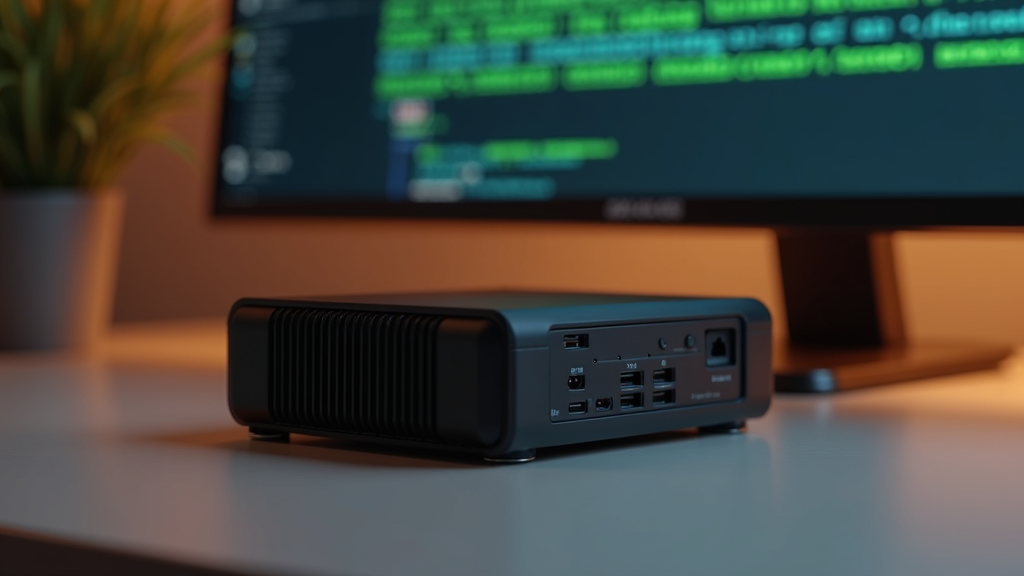 A compact mini-PC workstation running local AI models on a modern desk
